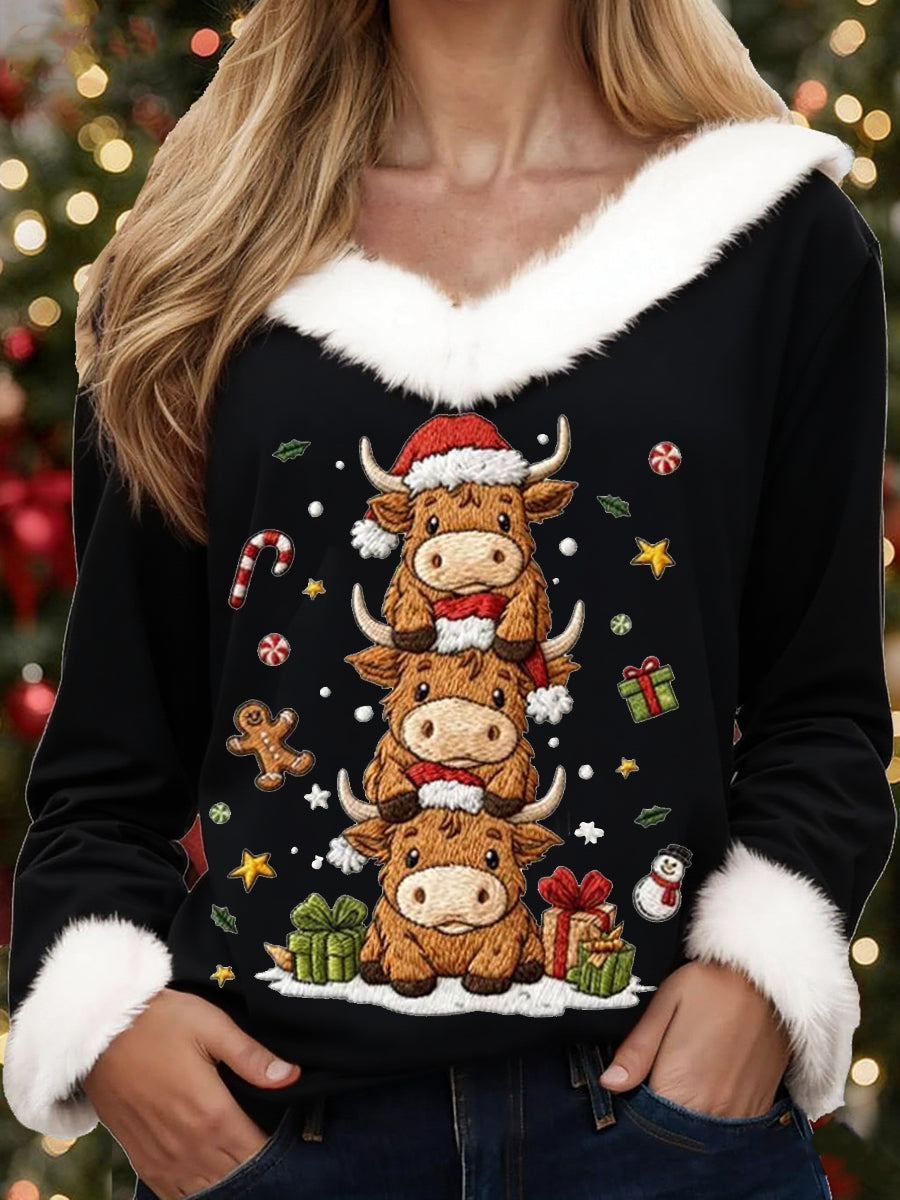 Haut col en fourrure décontracté imprimé vache de Noël High Land pour femmes