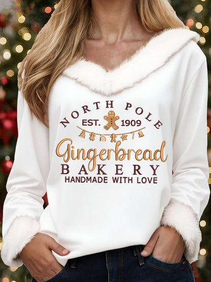 Femmes Vintage Noël Pôle Nord Gingerbread Imprimer Casual col de fourrure Top