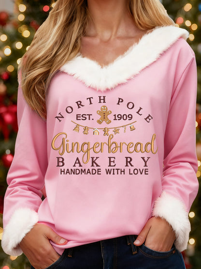Femmes Vintage Noël Pôle Nord Gingerbread Imprimer Casual col de fourrure Top