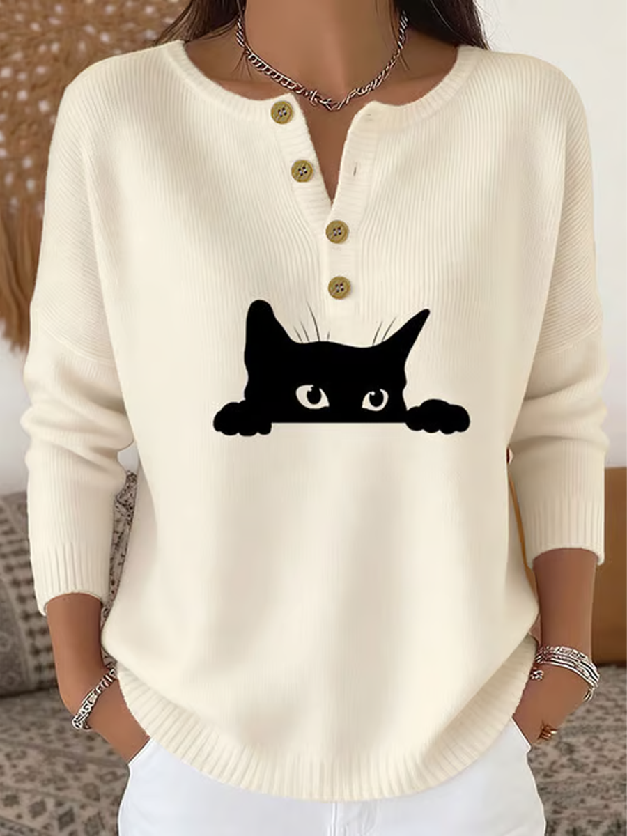 Cardigan à manches longues pour femme imprimé chat mignon