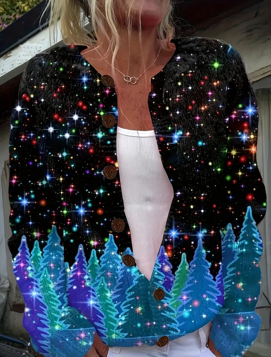 Cardigan confortable de chandail d'impression d'art de Noël vintage des femmes
