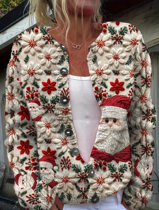 Cardigan confortable de chandail d'impression d'art de Noël vintage des femmes
