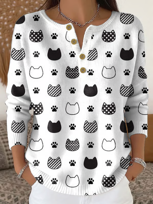 Cardigan à manches longues pour femme imprimé chat mignon