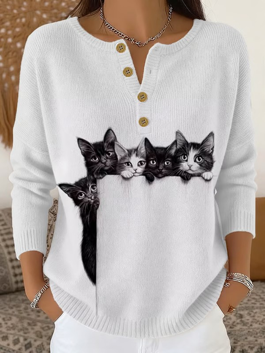 Cardigan à manches longues pour femme imprimé chat mignon