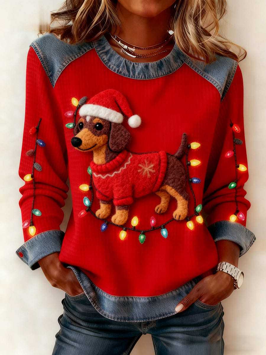 Les femmes de Noël Vintage chien Denim Patchwork Sweatshirt