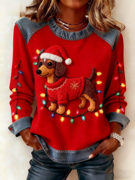 Les femmes de Noël Vintage chien Denim Patchwork Sweatshirt