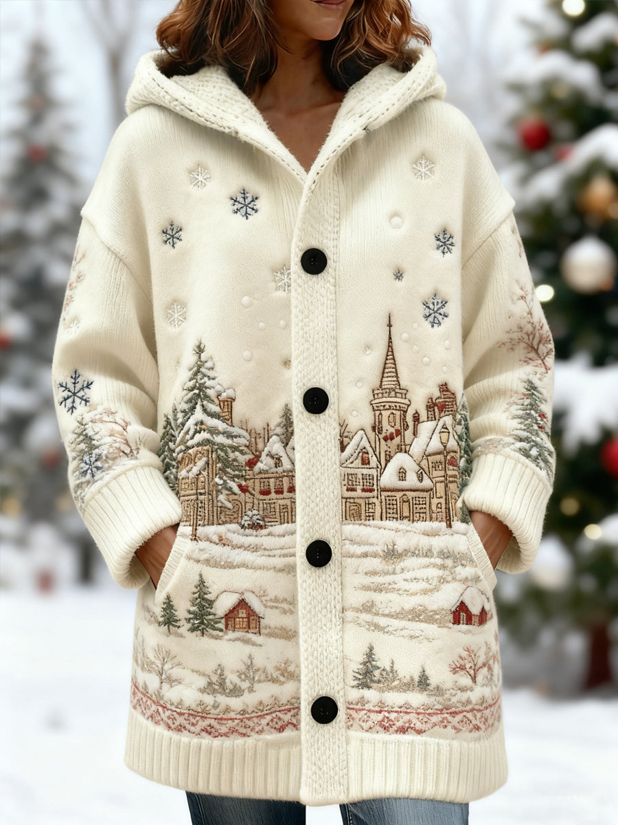 Cardigan à capuche mi-long décontracté imprimé scène de neige de Noël vintage pour femmes