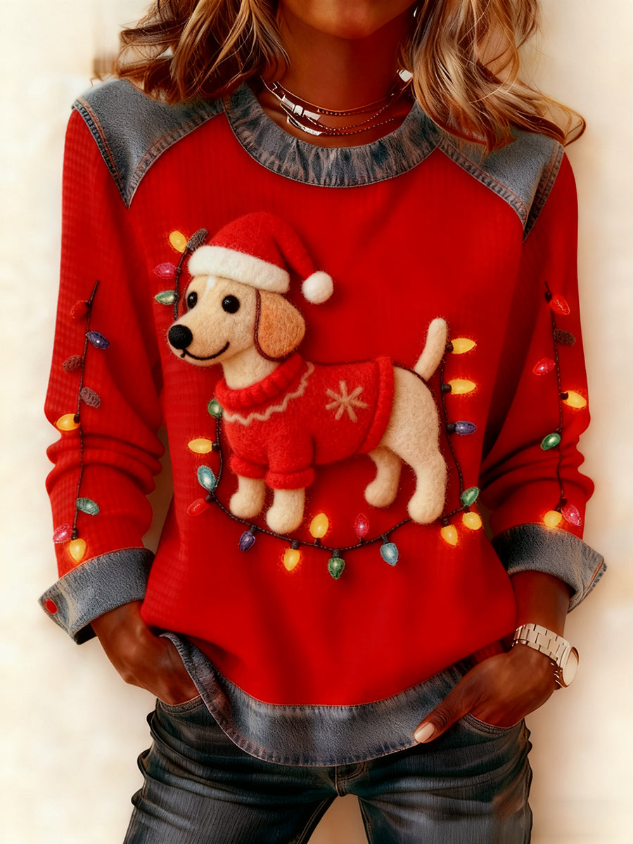 Les femmes de Noël Vintage chien Denim Patchwork Sweatshirt