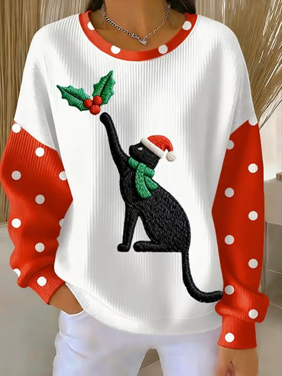 Sweat-shirt Femme Imprimé Chat de Noël Côtelé Col Rond