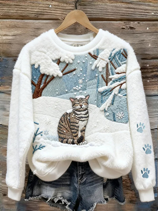 Charmant chat de Noël pour femmes dans la forêt enneigée Cozy Print Casual Plush Sweatshirt