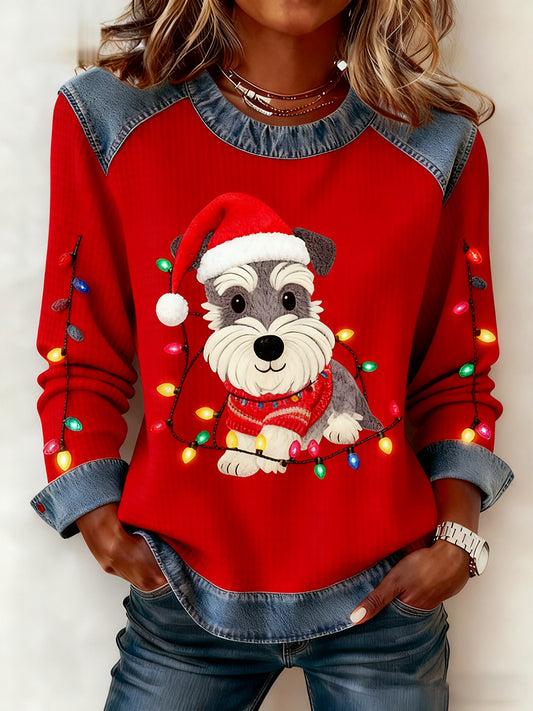 Les femmes de Noël Vintage chien Denim Patchwork Sweatshirt