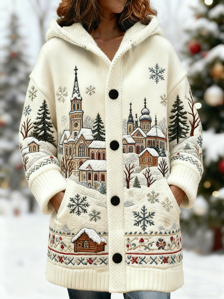 Cardigan mi-long à capuche décontracté imprimé scène de neige de Noël pour femme