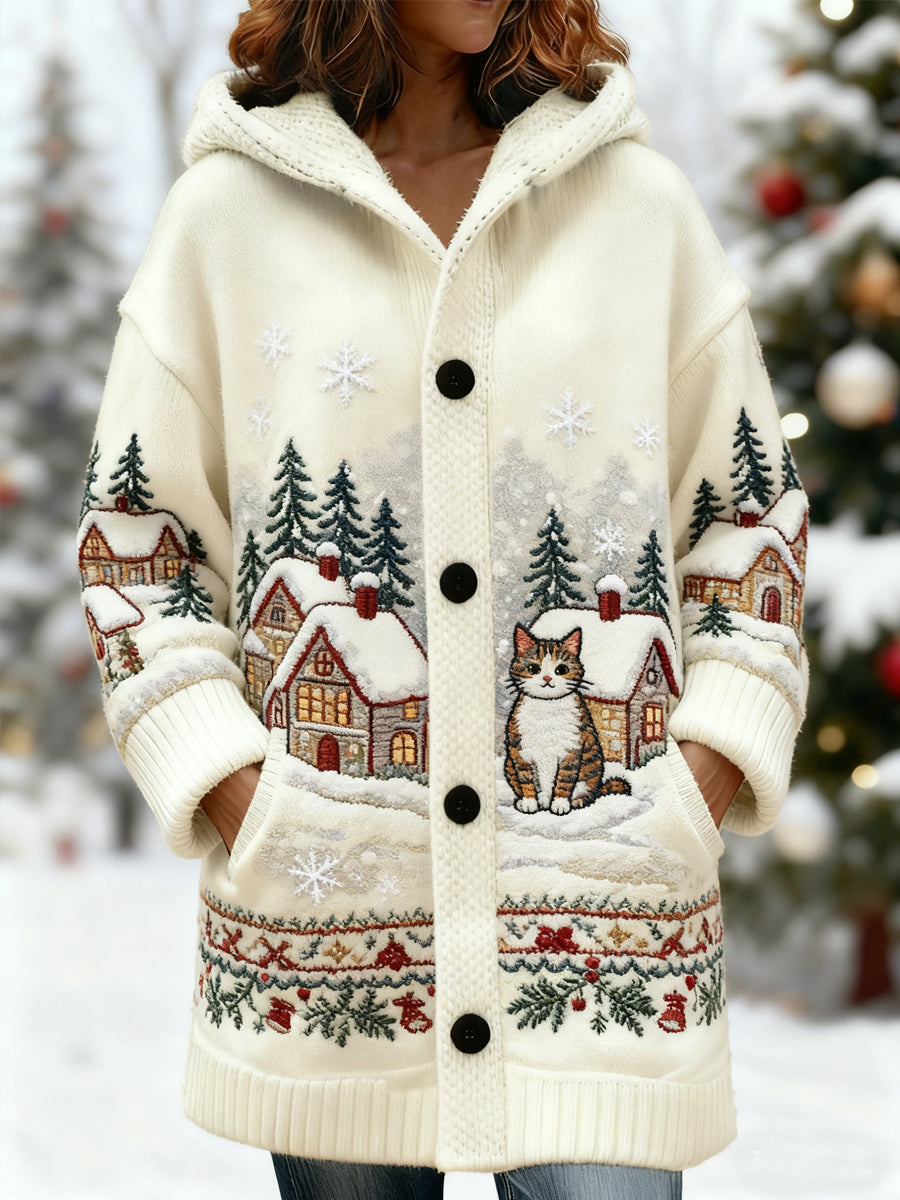 Femme Vintage Noël Mignon Chat Neige Scène Imprimer Casual Mi-Longueur Cardigan À Capuche