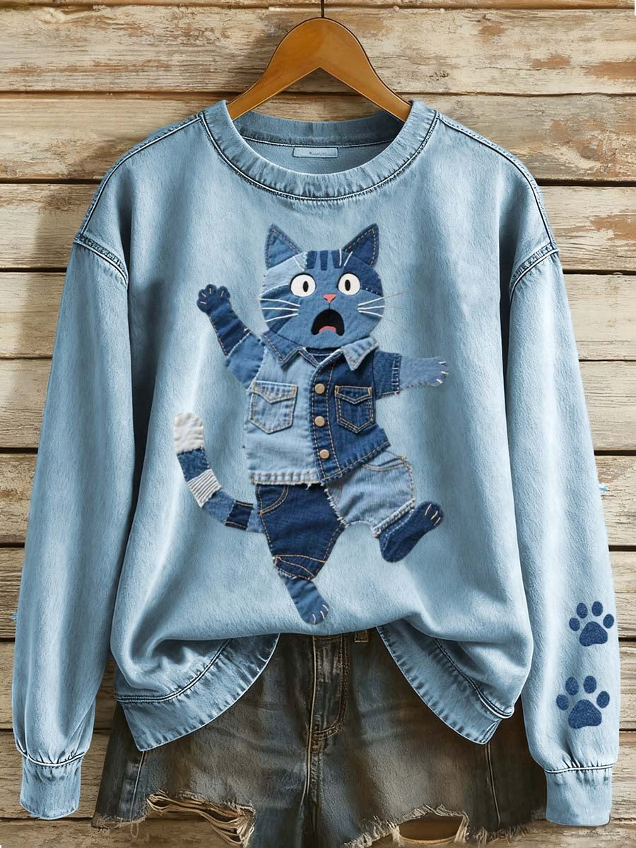 Femmes Denim Patchwork Art Cat Pattern Sweatshirt