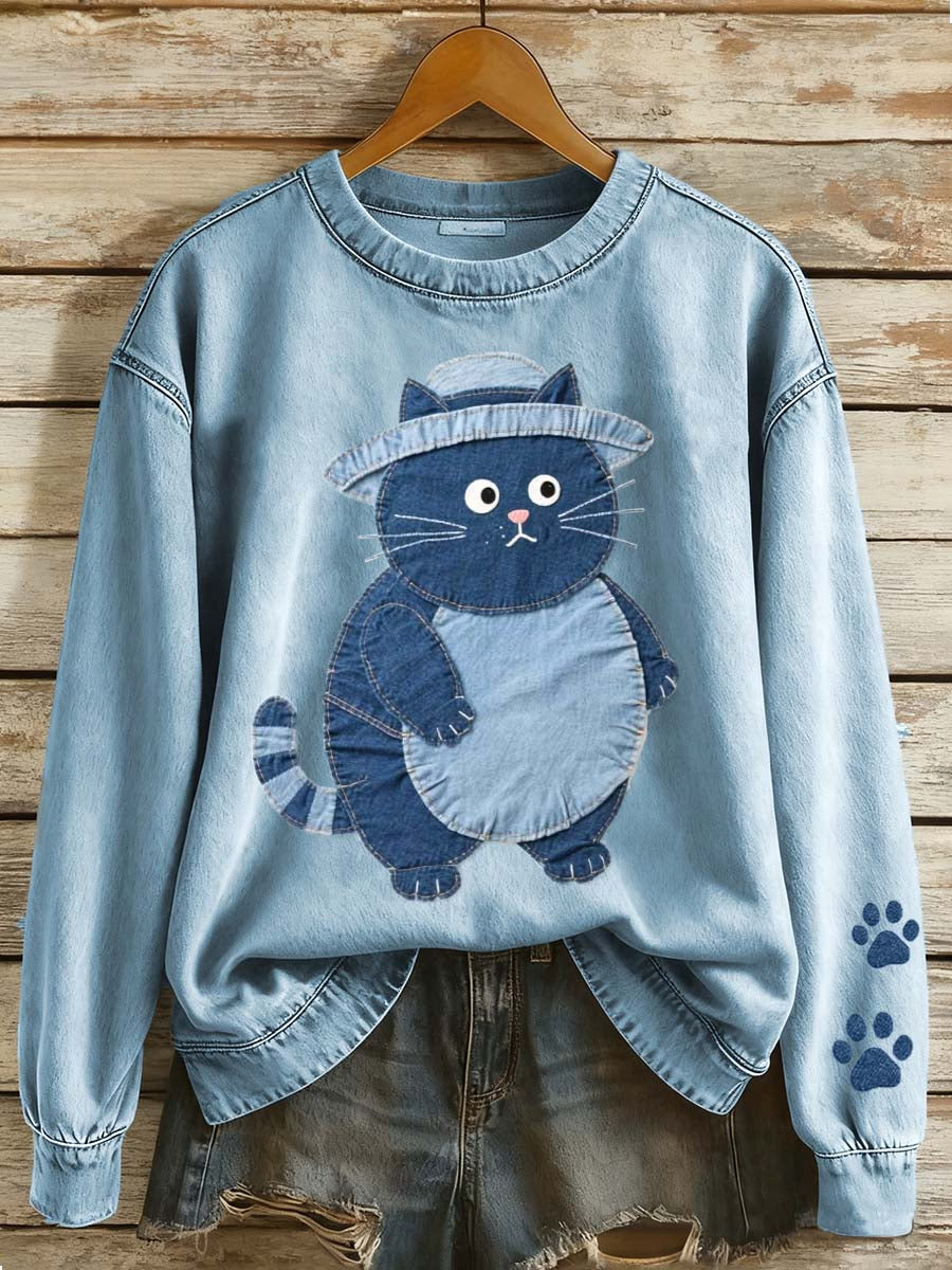 Femmes Denim Patchwork Art Fat Cat Motif Sweatshirt