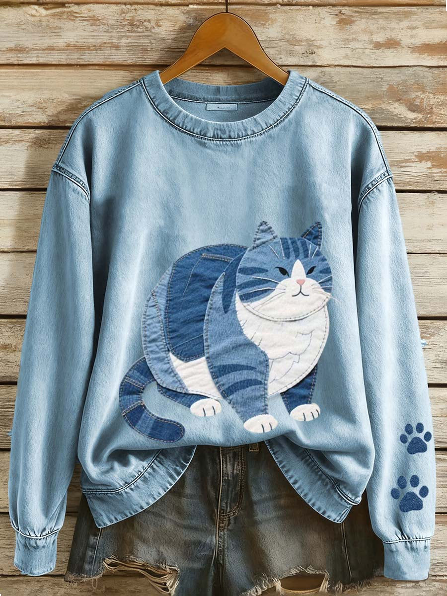 Mignon Fat Cat Patchwork Art Sweatshirt des femmes