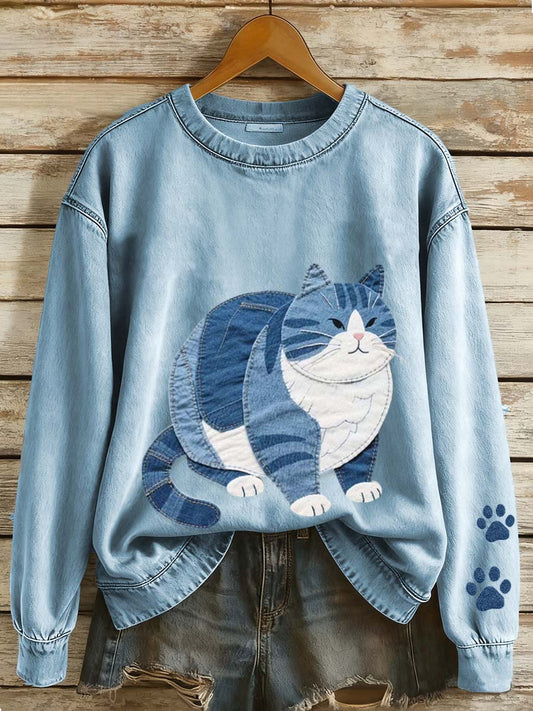 Mignon Fat Cat Patchwork Art Sweatshirt des femmes