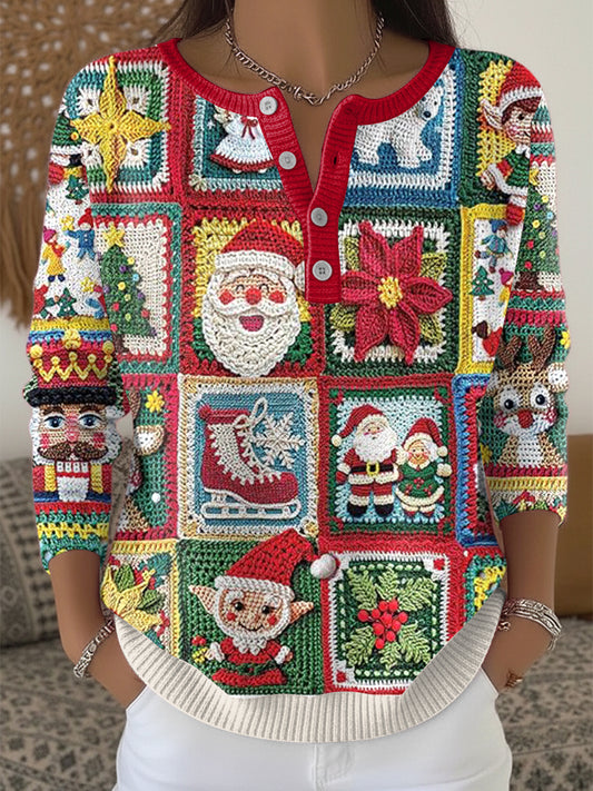 Chandail mignon de cou de Henley de patchwork de Noël des femmes