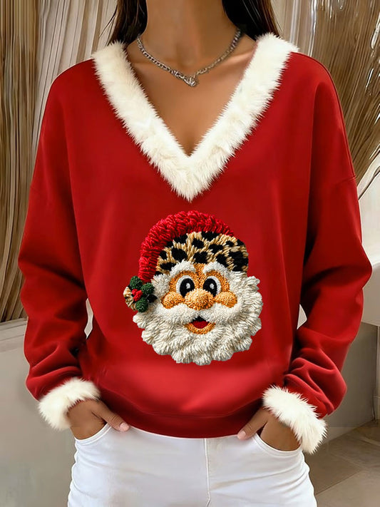 Rétro Noël Fluffy Santa lâche à manches longues des femmes chandail garni de fourrure
