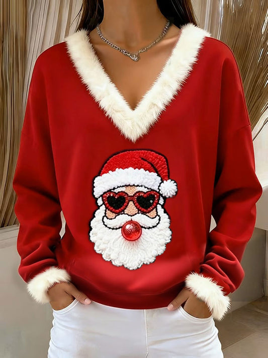 Père Noël rétro pour femmes soufflant des bulles en vrac à manches longues chandail garni de fourrure