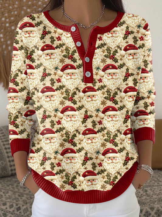 Pull à col Henley Cute Santa Claus pour femmes