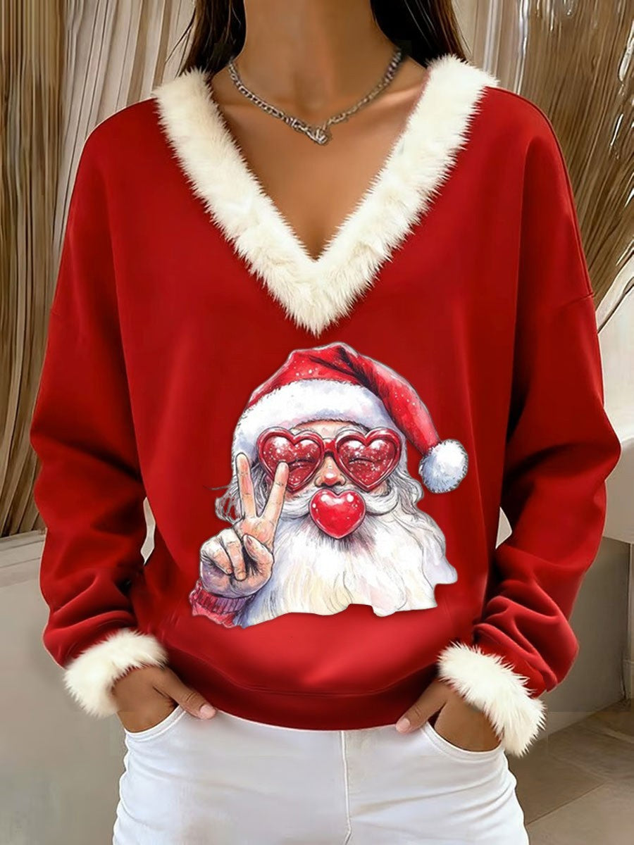 Père Noël rétro pour femmes soufflant des bulles en vrac à manches longues chandail garni de fourrure