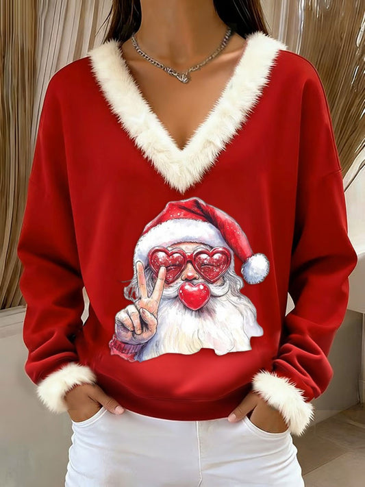 Père Noël rétro pour femmes soufflant des bulles en vrac à manches longues chandail garni de fourrure