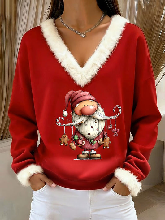Rétro Noël Santa lâche à manches longues Femme Fourrure Bordée Pull