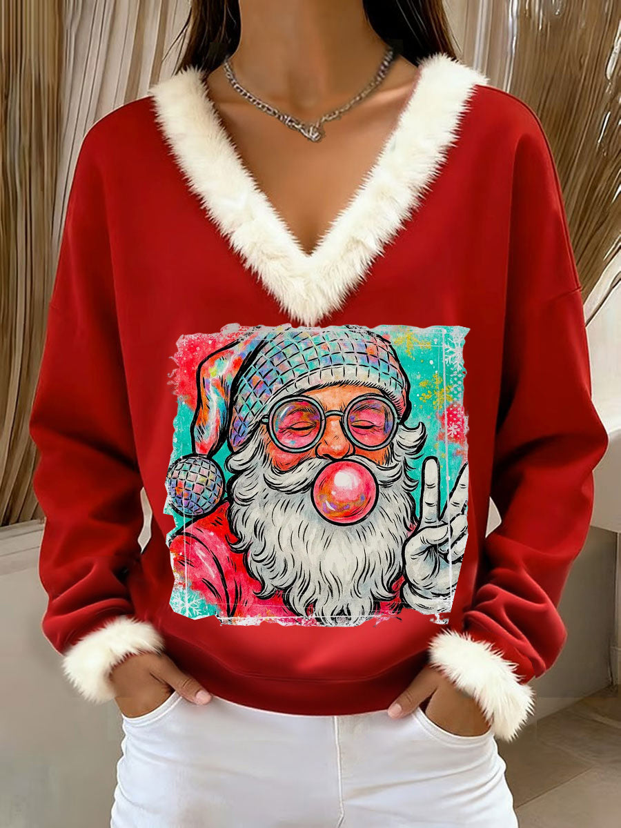 Père Noël rétro pour femmes soufflant des bulles en vrac à manches longues chandail garni de fourrure