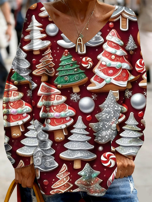 Haut décontracté confortable à manches longues pour femmes sur le thème de Noël