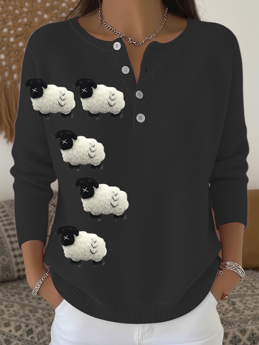 Pull Henley Unique Noir Imprimé Mouton Pour Femme