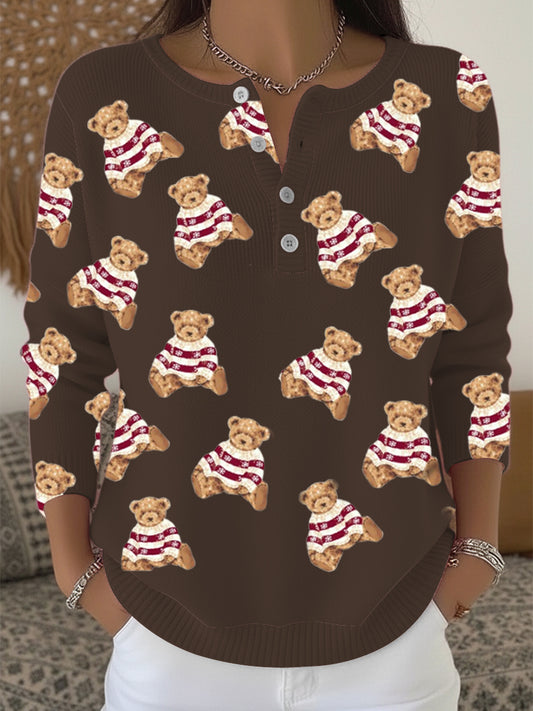 Pull Henley élégant à imprimé ours en peluche marron pour femmes