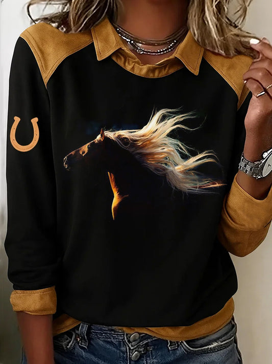 Retro Horse Print Horse Lovers Sweat-shirt décontracté pour femmes