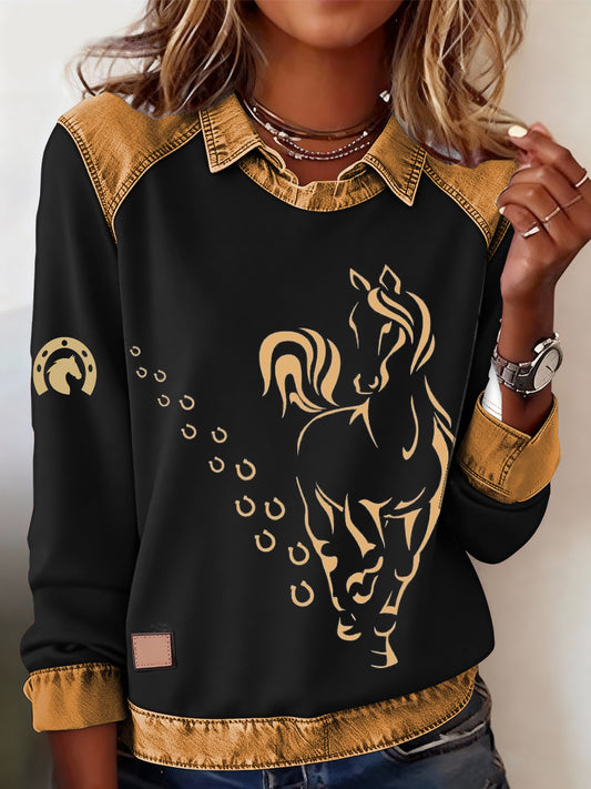 Retro Horse Print Horse Lovers Sweat-shirt décontracté pour femmes