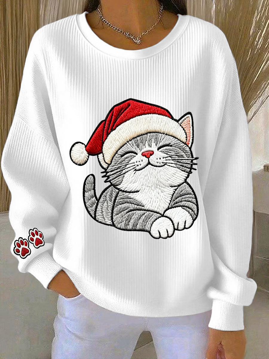 Femme Noël Mignon Chat Art Côtelé Col Rond Sweatshirt