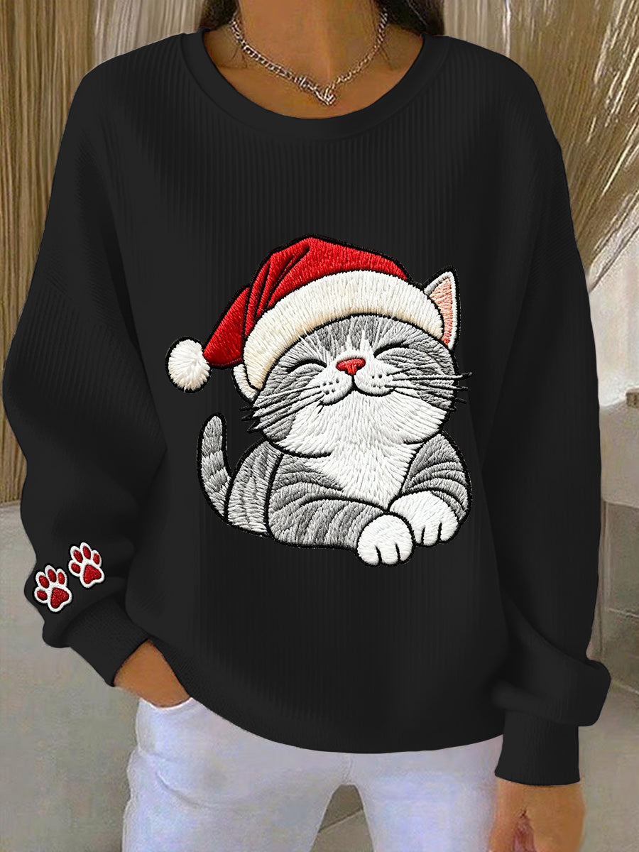 Femme Noël Mignon Chat Art Côtelé Col Rond Sweatshirt