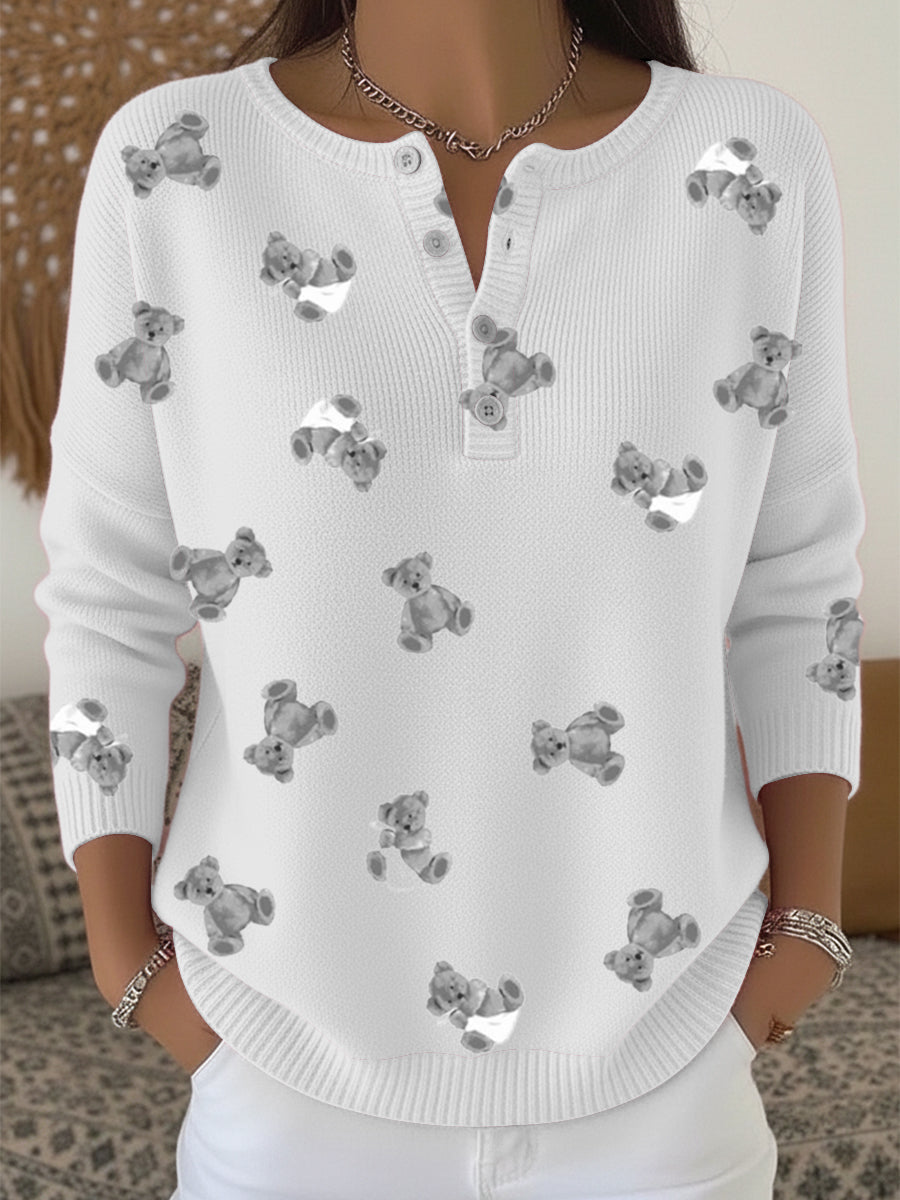 Pull Henley Femme Mignon Gris Imprimé Ours En Peluche