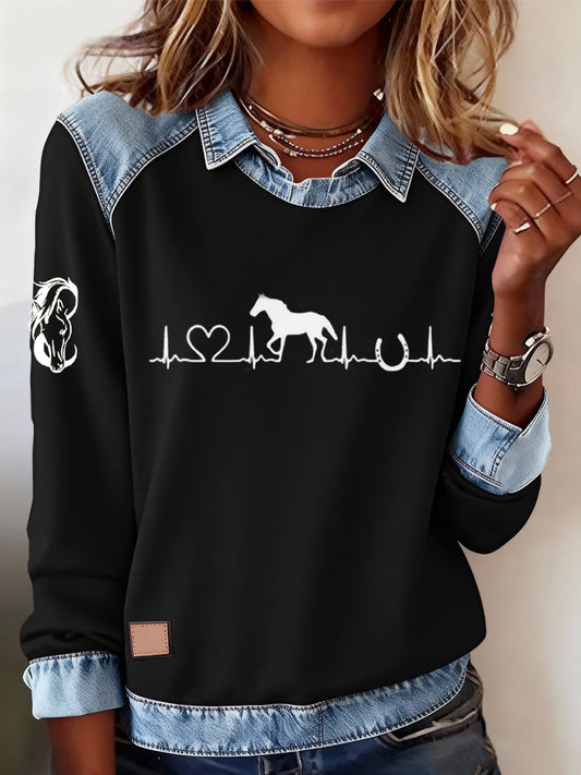 Retro Horse Print Horse Lovers Sweat-shirt décontracté pour femmes
