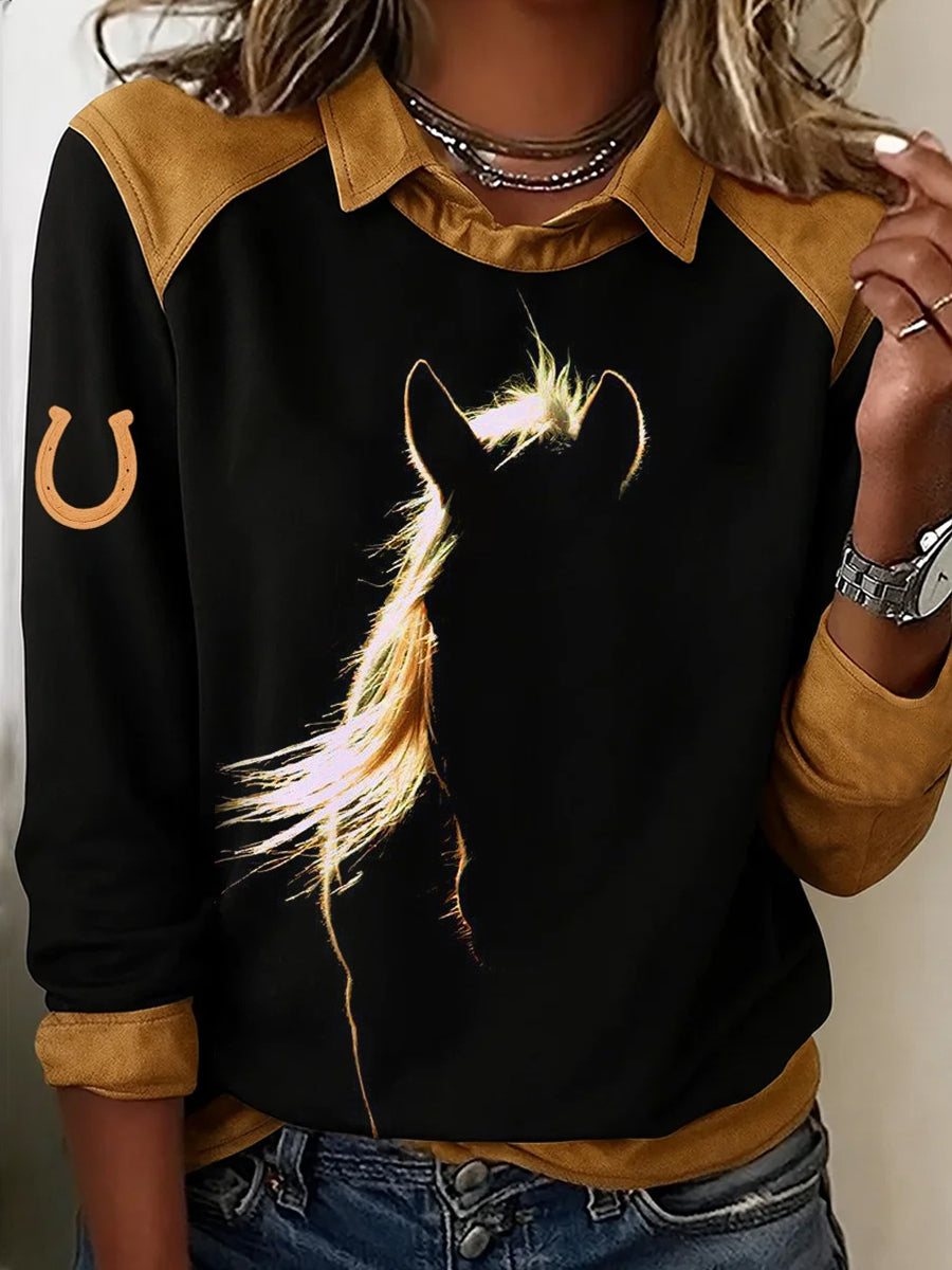 Retro Horse Print Horse Lovers Sweat-shirt décontracté pour femmes