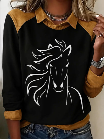 Retro Horse Print Horse Lovers Sweat-shirt décontracté pour femmes