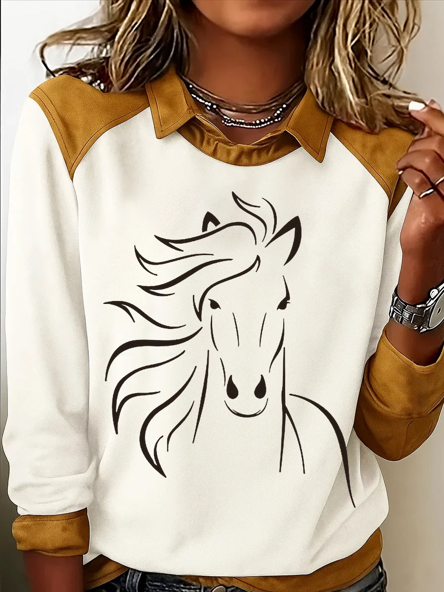 Retro Horse Print Horse Lovers Sweat-shirt décontracté pour femmes