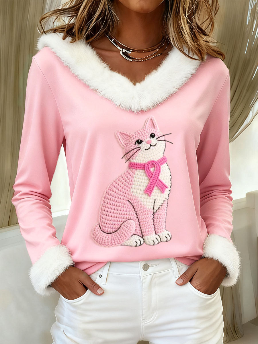 Lovely Cat Crochet Motif Furry Sweatshirt Femme