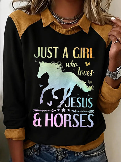 Sweat-shirt décontracté pour femmes Just A Girl Who Loves Jesus And Horses Print