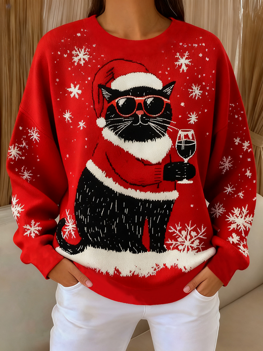 Sweat-shirt Femme Vintage Noël Chat Noir Imprimé