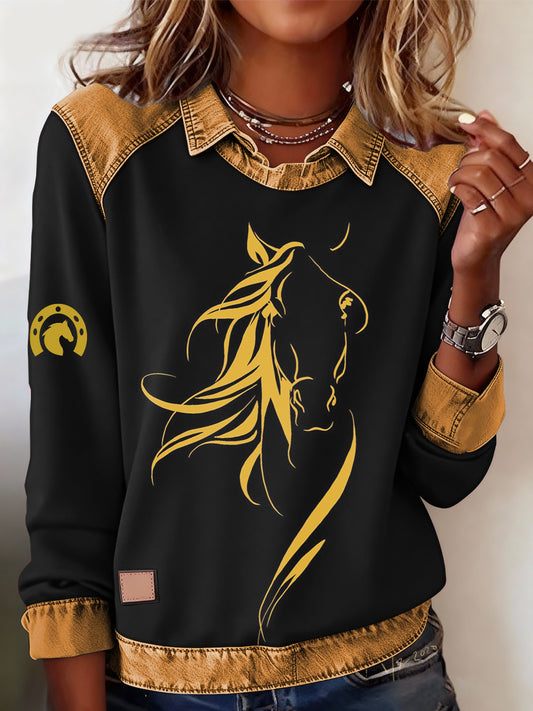 Retro Horse Print Horse Lovers Sweat-shirt décontracté pour femmes