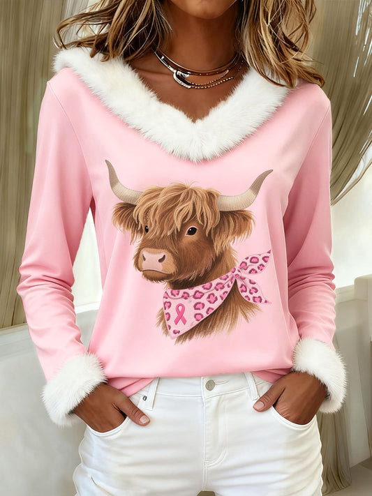 Mignon Highland Cow brodé Furry Sweatshirt des femmes