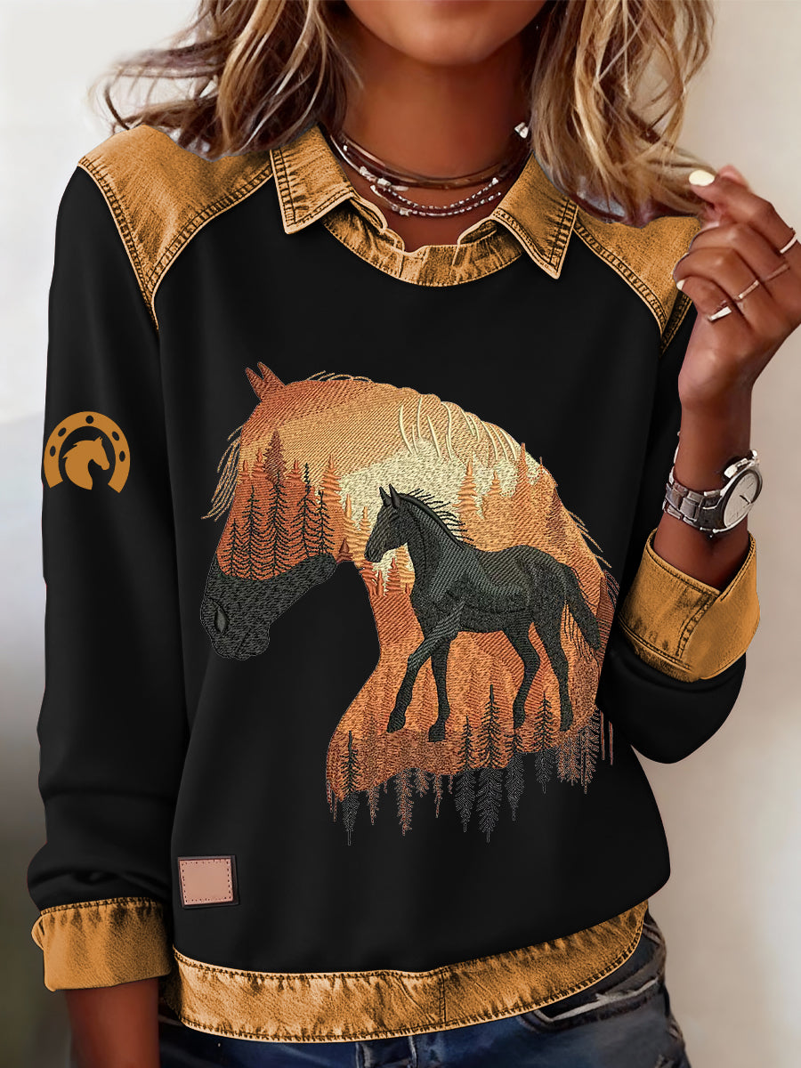 Retro Horse Print Horse Lovers Sweat-shirt décontracté pour femmes