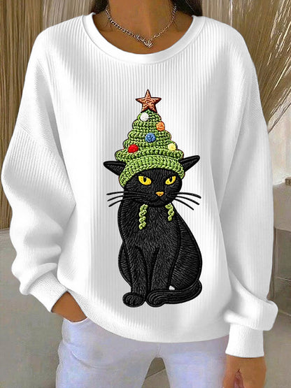 Arbre de Noël des femmes mignon chat art côtelé col rond Sweatshirt