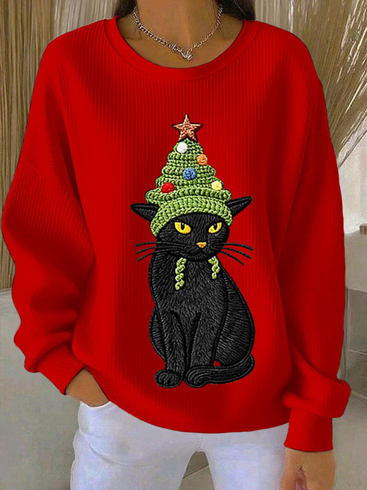 Arbre de Noël des femmes mignon chat art côtelé col rond Sweatshirt