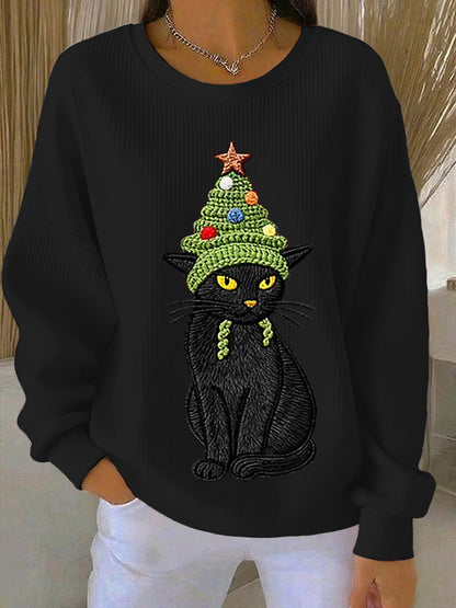Arbre de Noël des femmes mignon chat art côtelé col rond Sweatshirt